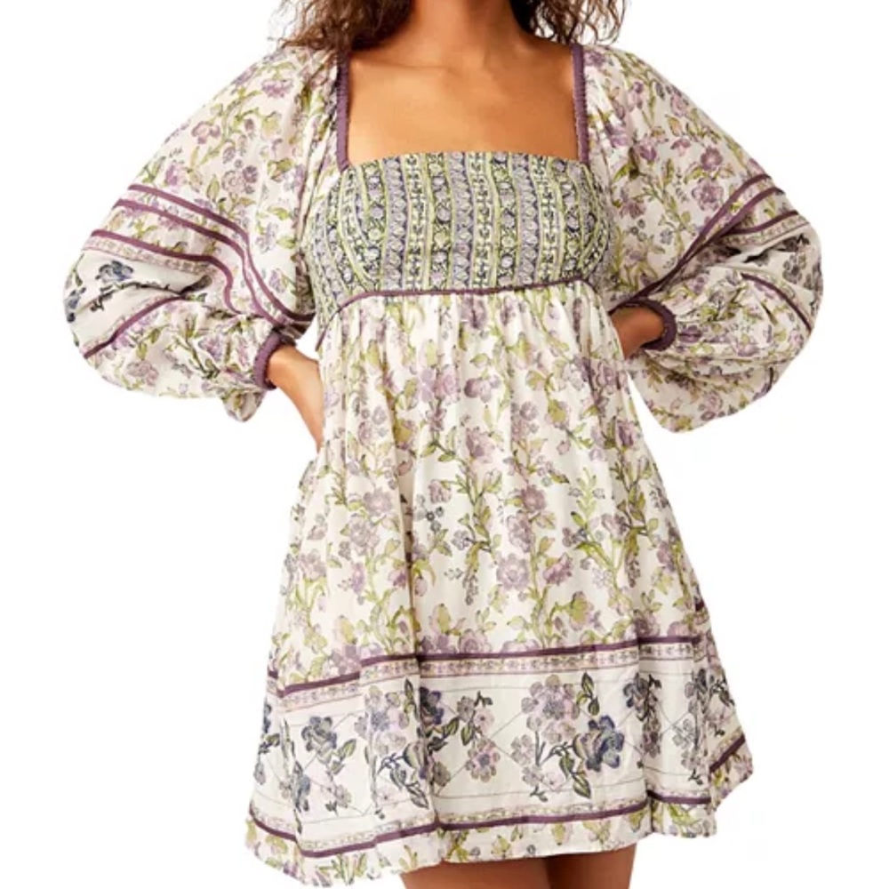 Free People Floral Smocked Bodice Mini Dress in Lavender and Green